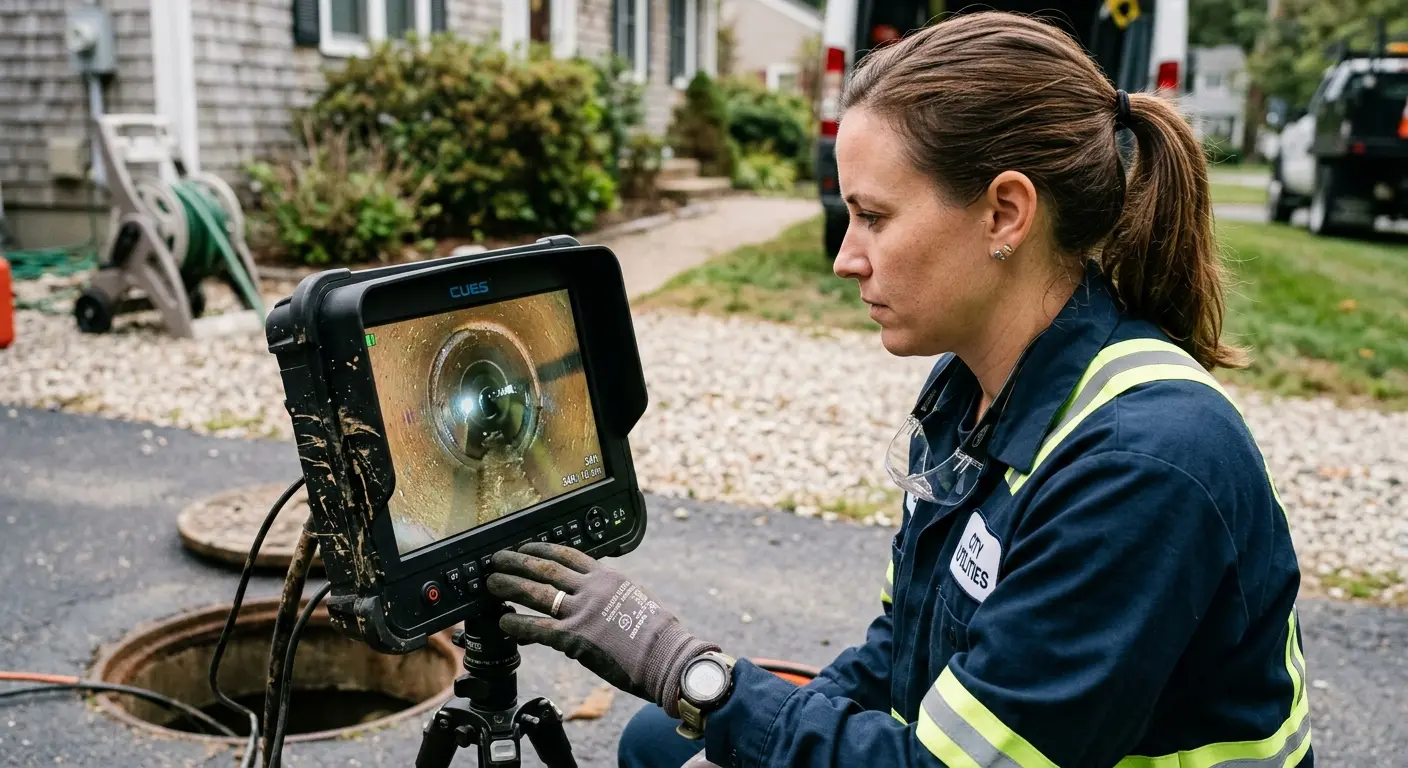 Technician reviewing sewer camera inspection footage in Immokalee