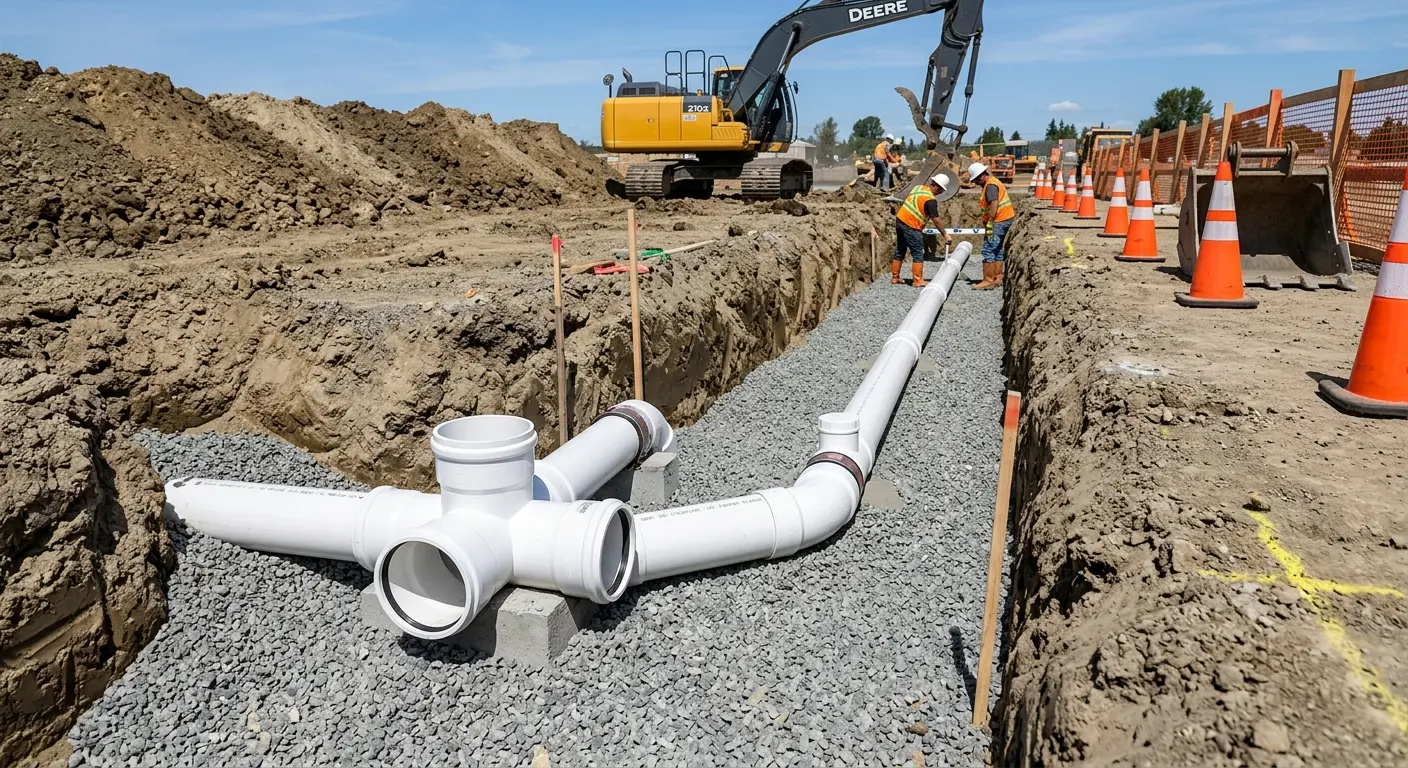 New PVC sewer pipe installation in open trench for Sewer Backup in Immokalee