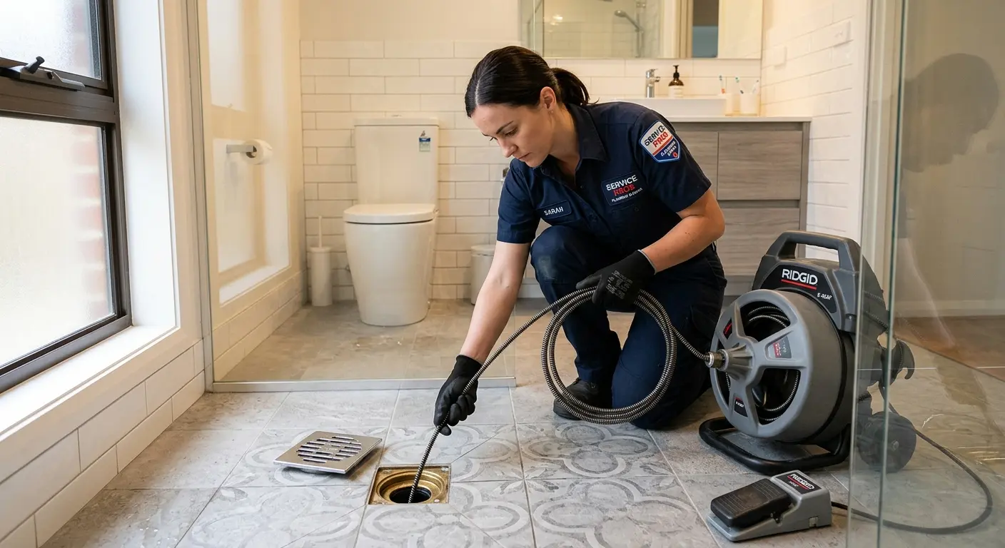 Technician clearing a bathroom floor drain for Drain Cleaning in Immokalee